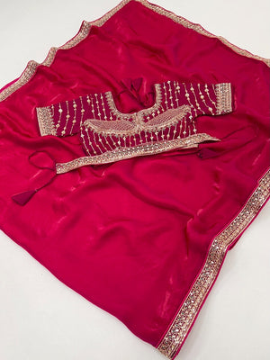 Festive Wear Pink Satin Saree with Premium Embroidered Blouse - Image 2