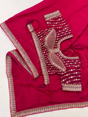 Festive Wear Pink Satin Saree with Premium Embroidered Blouse - Image 2