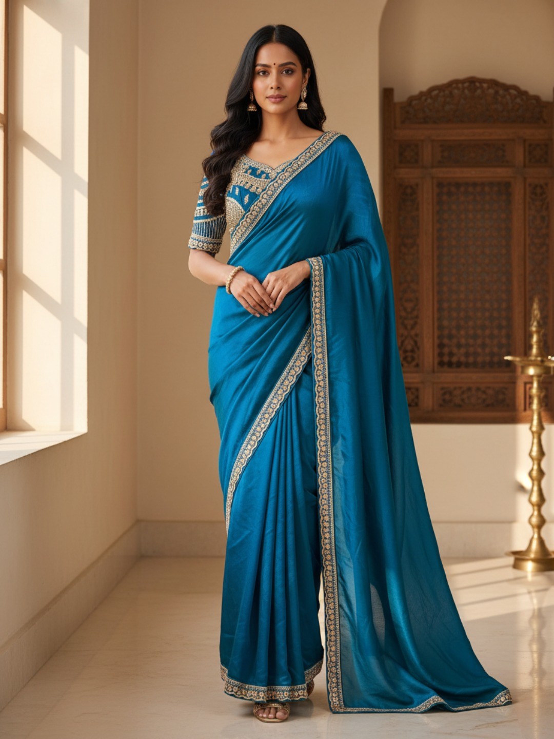 Festive Wear Teal Satin Saree with Premium Embroidered Blouse - Image 1