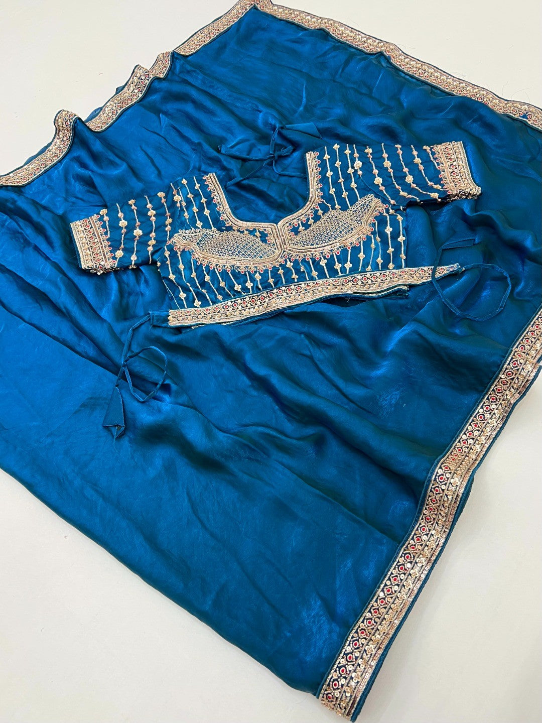 Festive Wear Teal Satin Saree with Premium Embroidered Blouse - Image 3