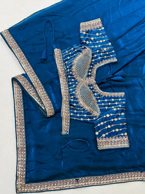 Festive Wear Teal Satin Saree with Premium Embroidered Blouse - Image 2