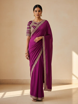 Festive Wear Magenta Satin Saree with Premium Embroidered Blouse - Image 1