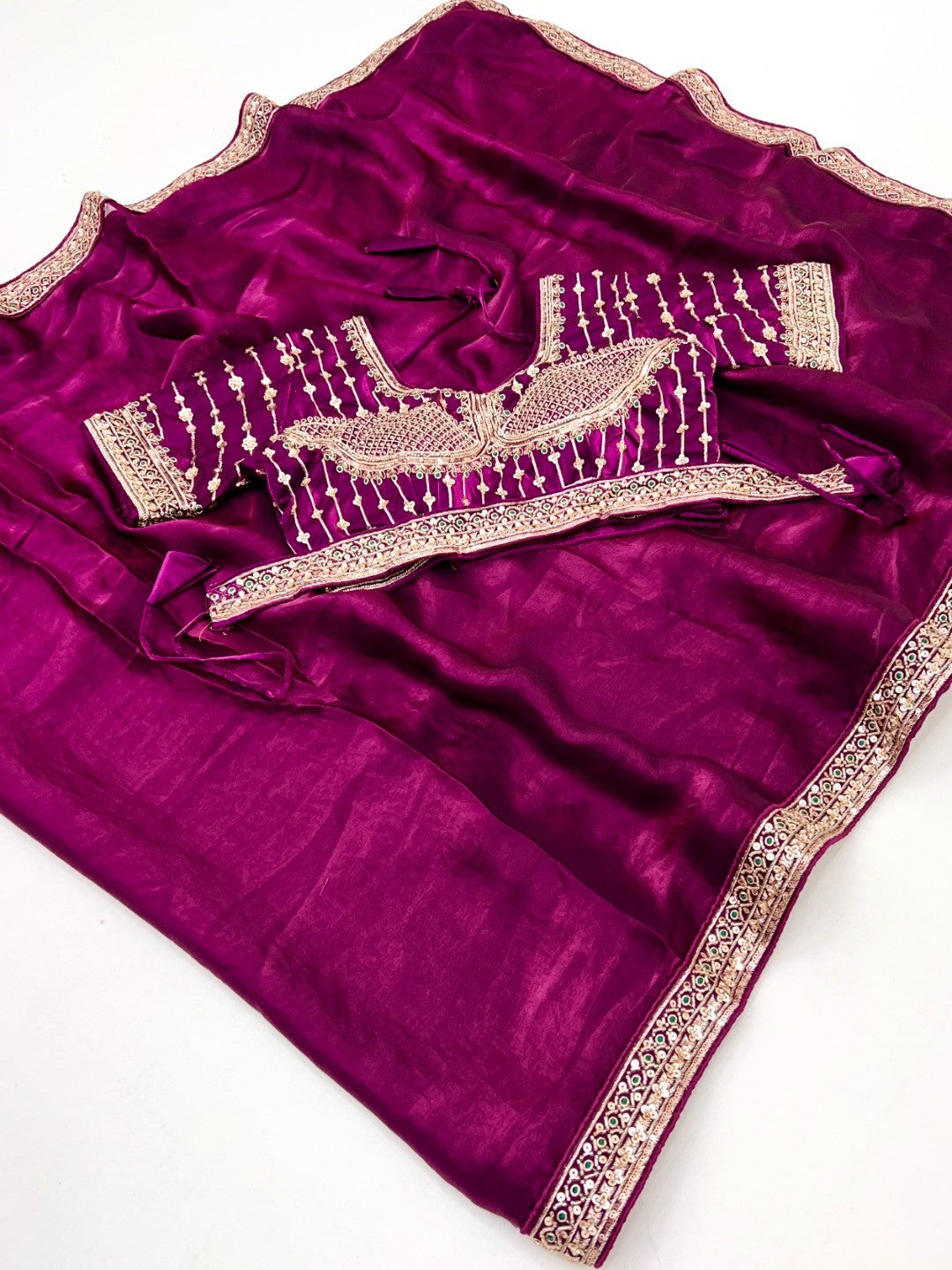 Festive Wear Magenta Satin Saree with Premium Embroidered Blouse - Image 3