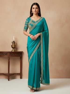 Festive Wear Turquoise Satin Saree with Premium Embroidered Blouse - Image 1