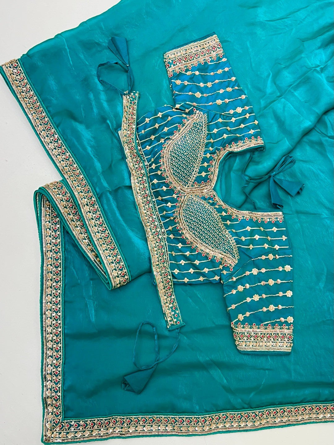 Festive Wear Turquoise Satin Saree with Premium Embroidered Blouse - Image 3