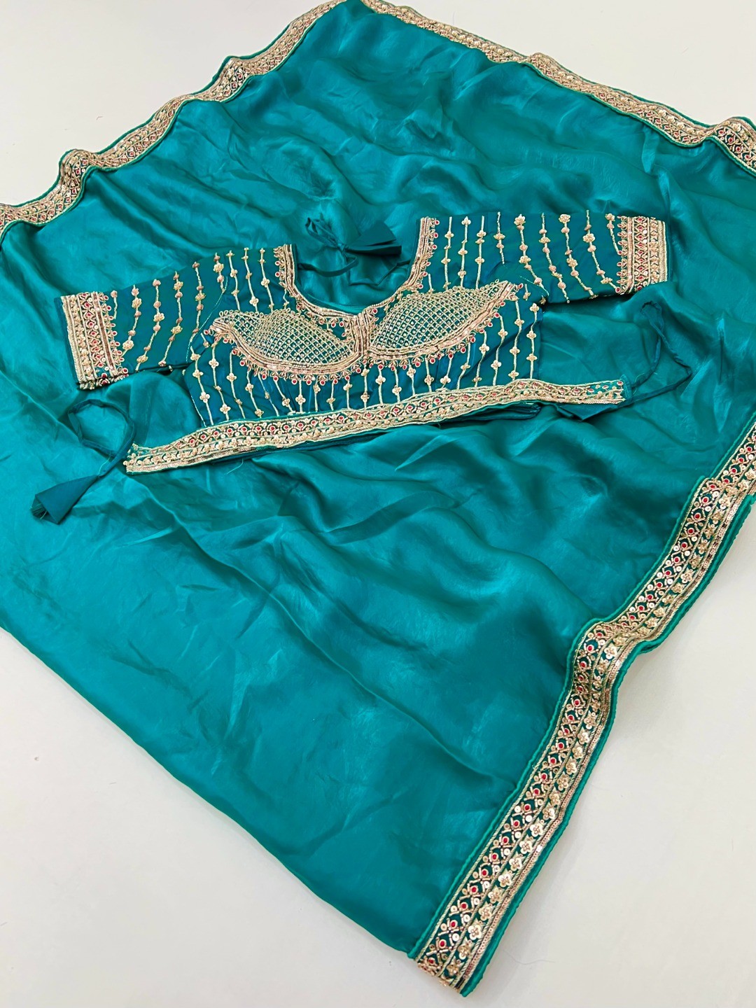 Festive Wear Turquoise Satin Saree with Premium Embroidered Blouse - Image 2