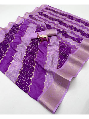 Purple Dola Silk Saree with Bandhani Print and Zari Border - Image 2