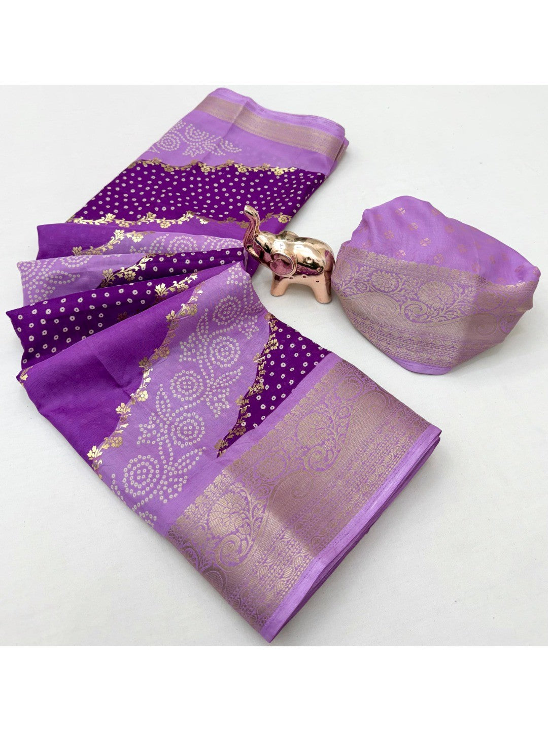 Purple Dola Silk Saree with Bandhani Print and Zari Border - Image 3