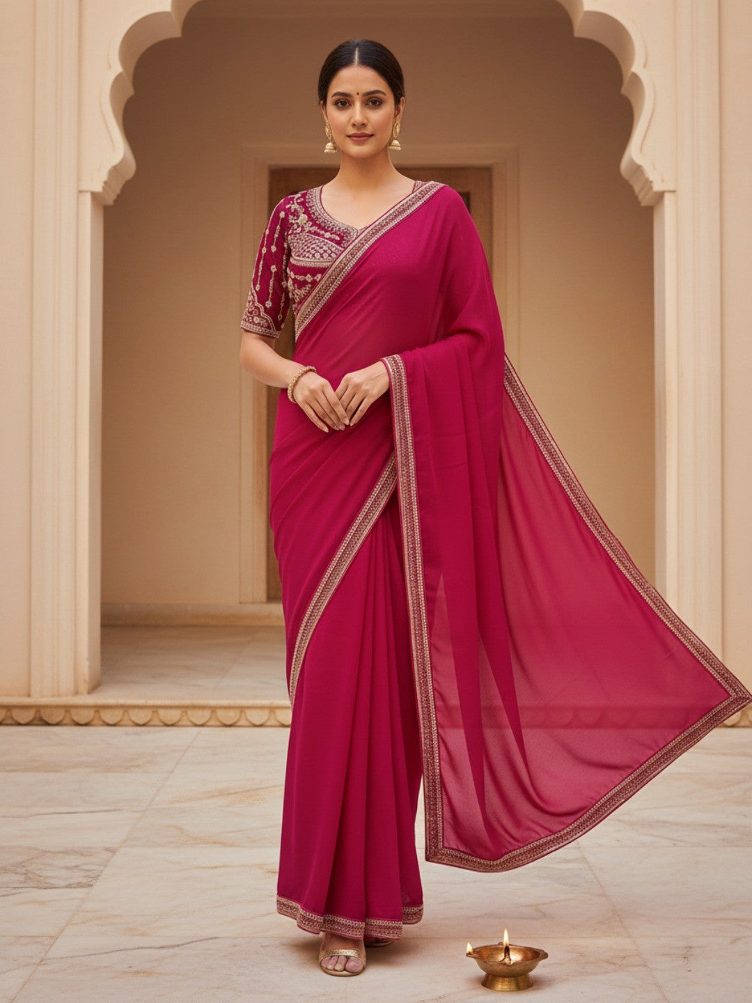 Pink Satin Saree with Detailed Embroidered Blouse Perfect for Party Wear - Image 1