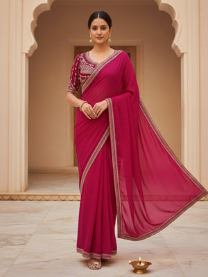 Pink Satin Saree with Detailed Embroidered Blouse Perfect for Party Wear - Image 1