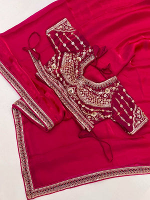Pink Satin Saree with Detailed Embroidered Blouse Perfect for Party Wear - Image 2