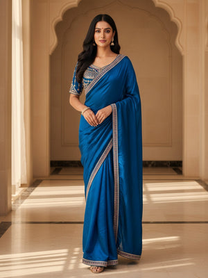 Teal Satin Saree with Detailed Embroidered Blouse Perfect for Parties - Image 1