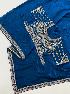 Teal Satin Saree with Detailed Embroidered Blouse Perfect for Parties - Image 2