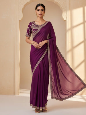 Purple Satin Saree with Beautiful Embroidered Blouse for Party Wear - Image 1