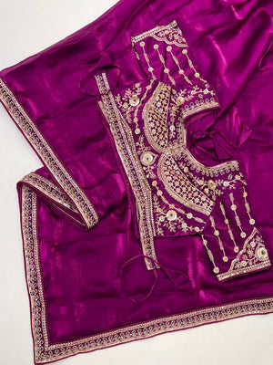 Purple Satin Saree with Beautiful Embroidered Blouse for Party Wear - Image 2