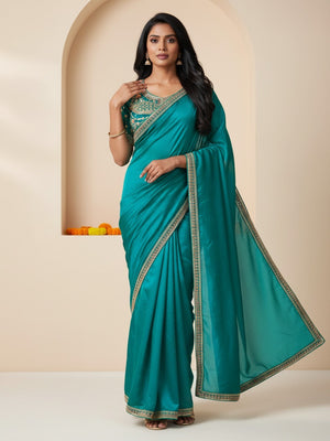 Stylish Turquoise Satin Saree with Beautiful Embroidered Blouse for Party Wear - Image 1