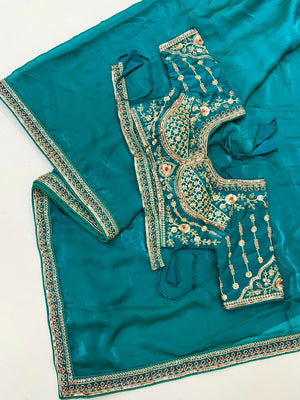 Stylish Turquoise Satin Saree with Beautiful Embroidered Blouse for Party Wear - Image 2