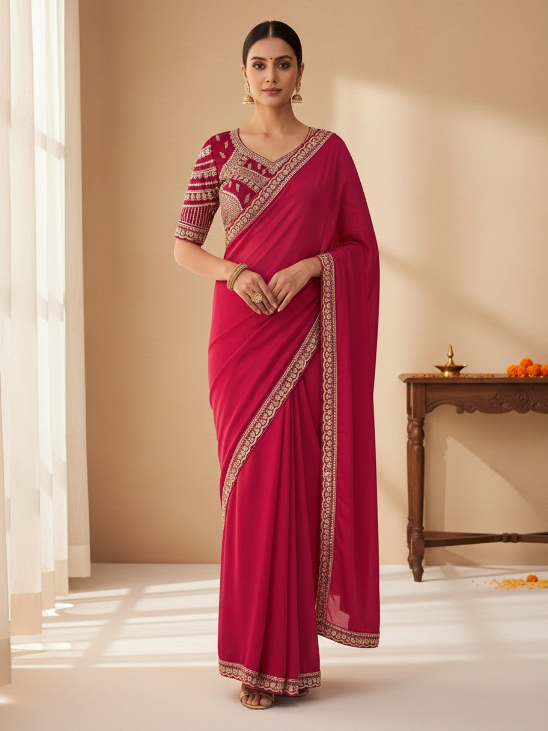 Ethnic Pink Satin Saree with Elegant Embroidered Blouse - Image 5