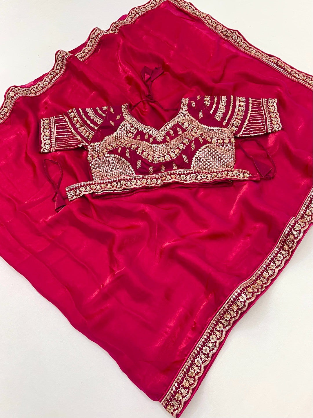 Ethnic Pink Satin Saree with Elegant Embroidered Blouse - Image 7