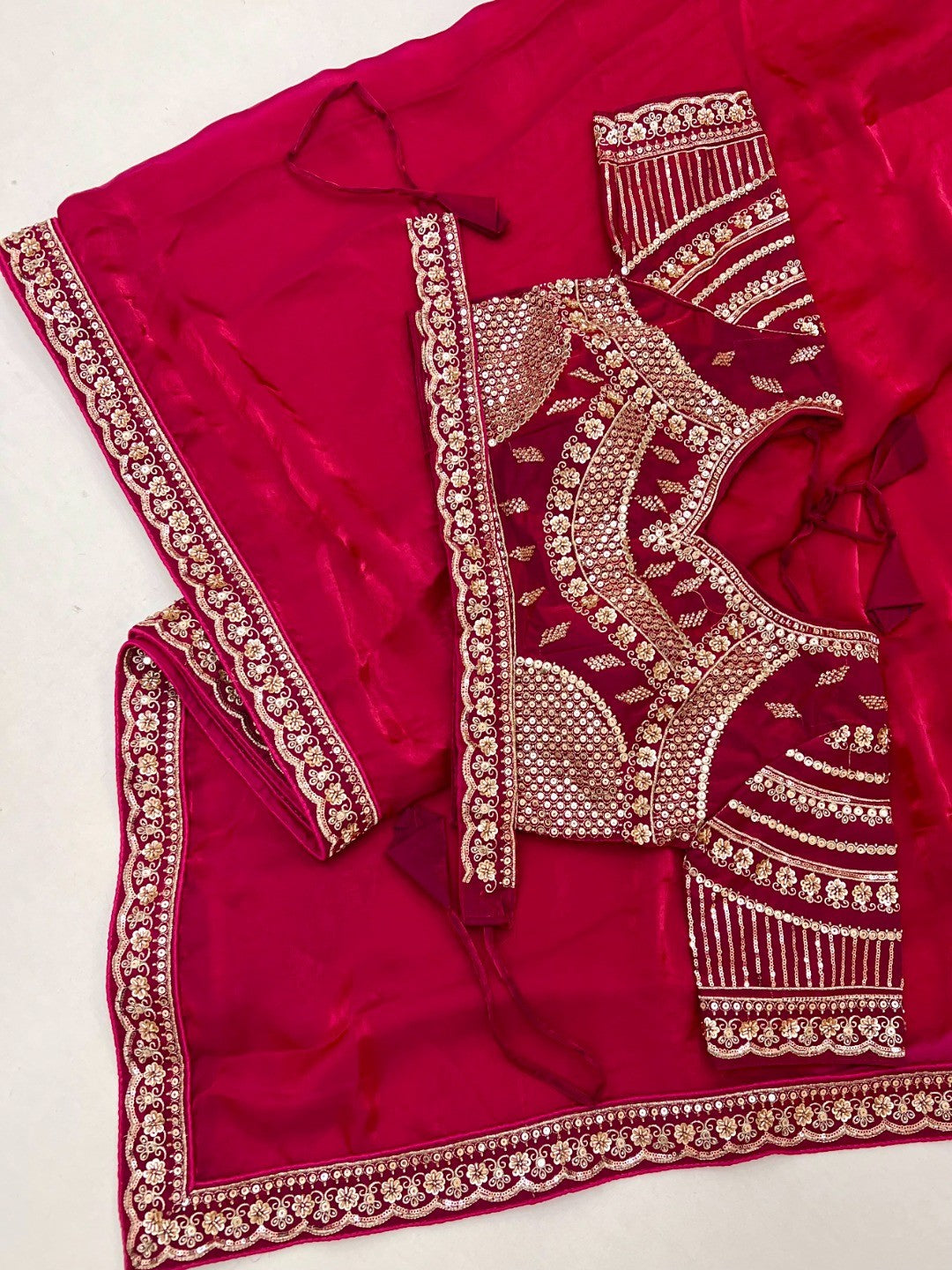 Ethnic Pink Satin Saree with Elegant Embroidered Blouse - Image 6
