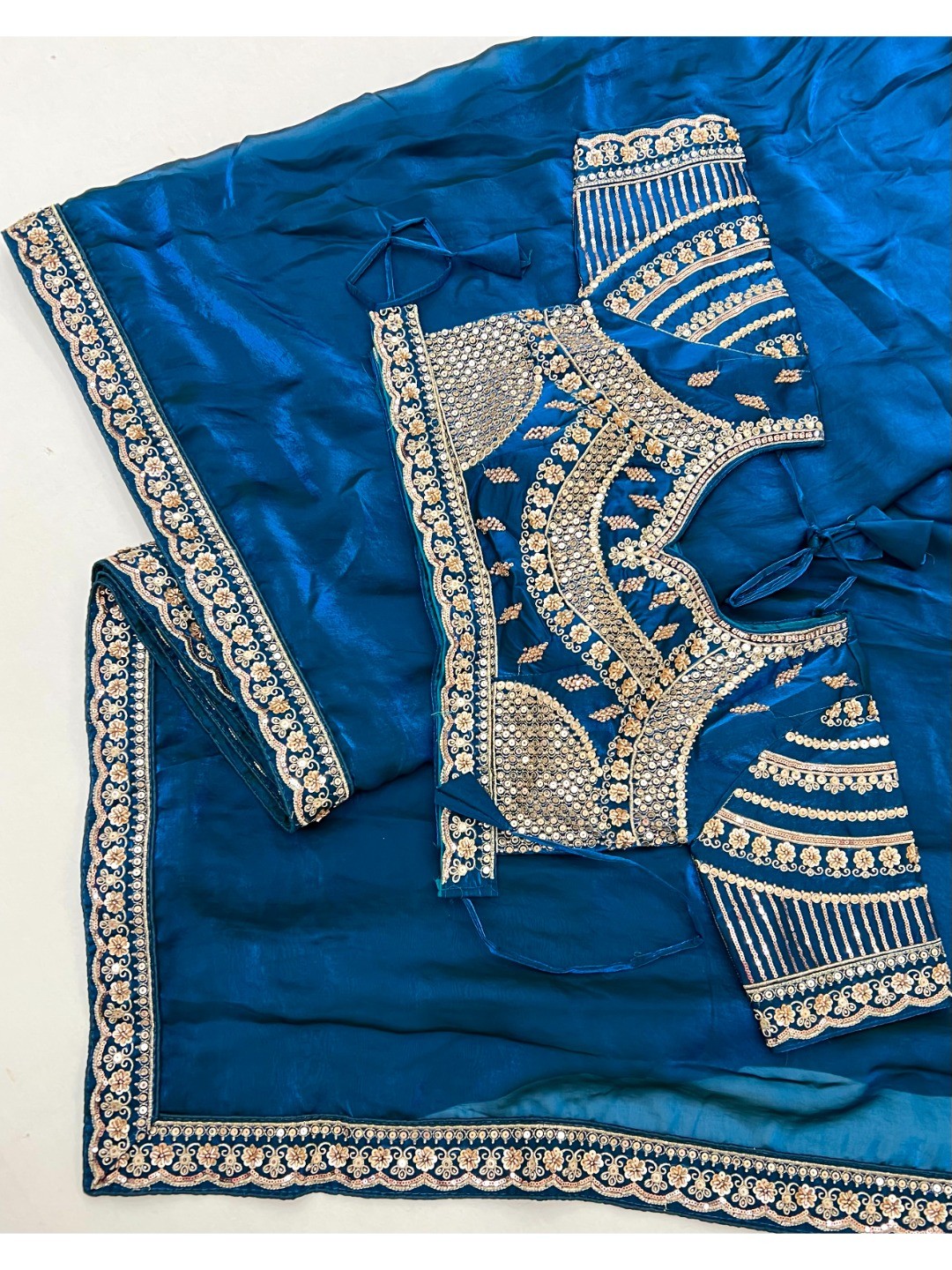 Teal Satin Saree with Embroidered Blouse Elegant Indian Attire - Image 3