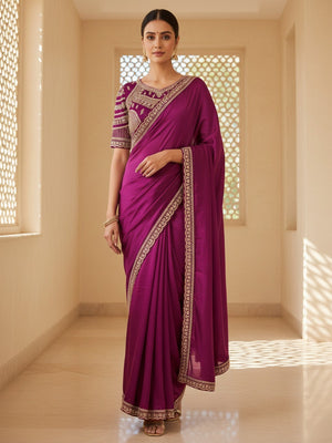 Elegant Magenta Satin Saree with Embellished Blouse - Image 1