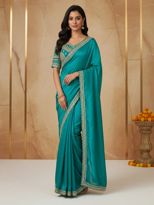 Elegant Turquoise Satin Saree with Embroidered Blouse - Image 1