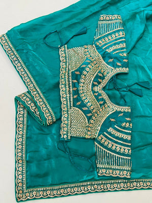 Elegant Turquoise Satin Saree with Embroidered Blouse - Image 2