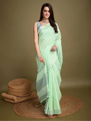 Sophisticated Green Linen Saree Featuring Intricate Zari Weaving & Tassel Accents - Image 1