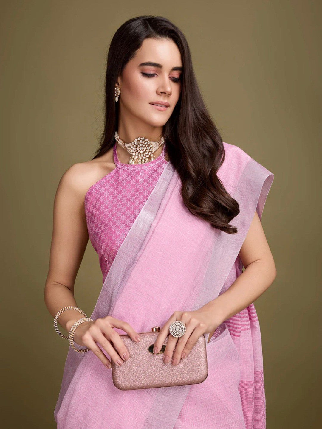 Sophisticated Pink Linen Saree Featuring Intricate Zari Weaving & Tassel Accents - Image 4
