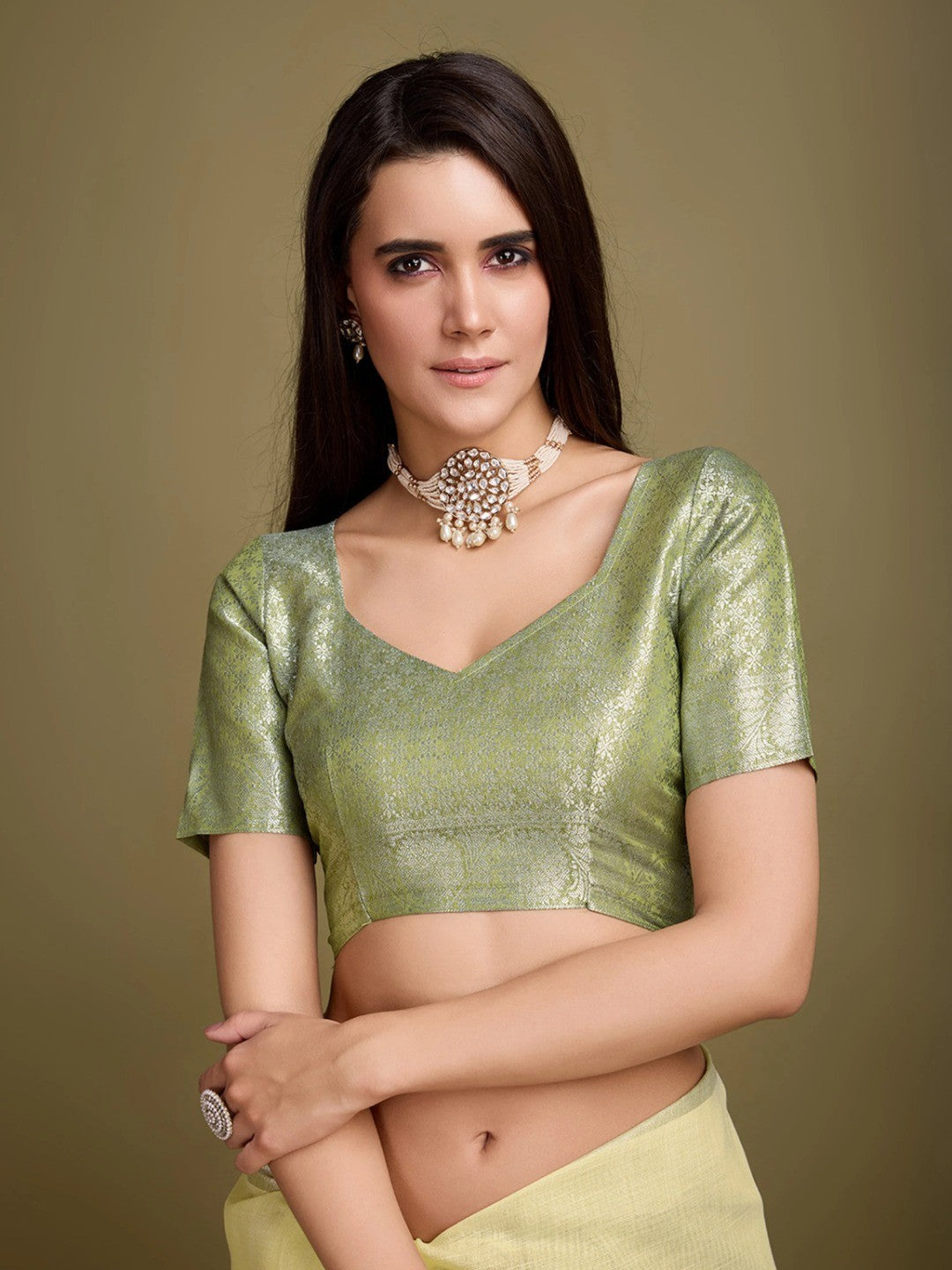 Sophisticated Yellow Linen Saree Featuring Intricate Zari Weaving & Tassel Accents - Image 3