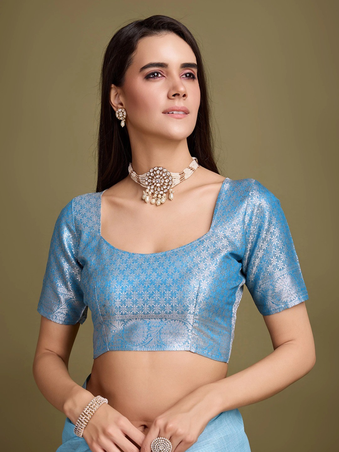 Sophisticated Blue Linen Saree Featuring Intricate Zari Weaving & Tassel Accents - Image 3