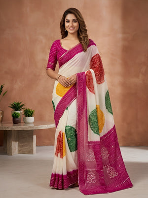 Traditional Multicolor Bandhani Print Chiffon Saree Adorned With Gota Patti Embellishment - Image 1