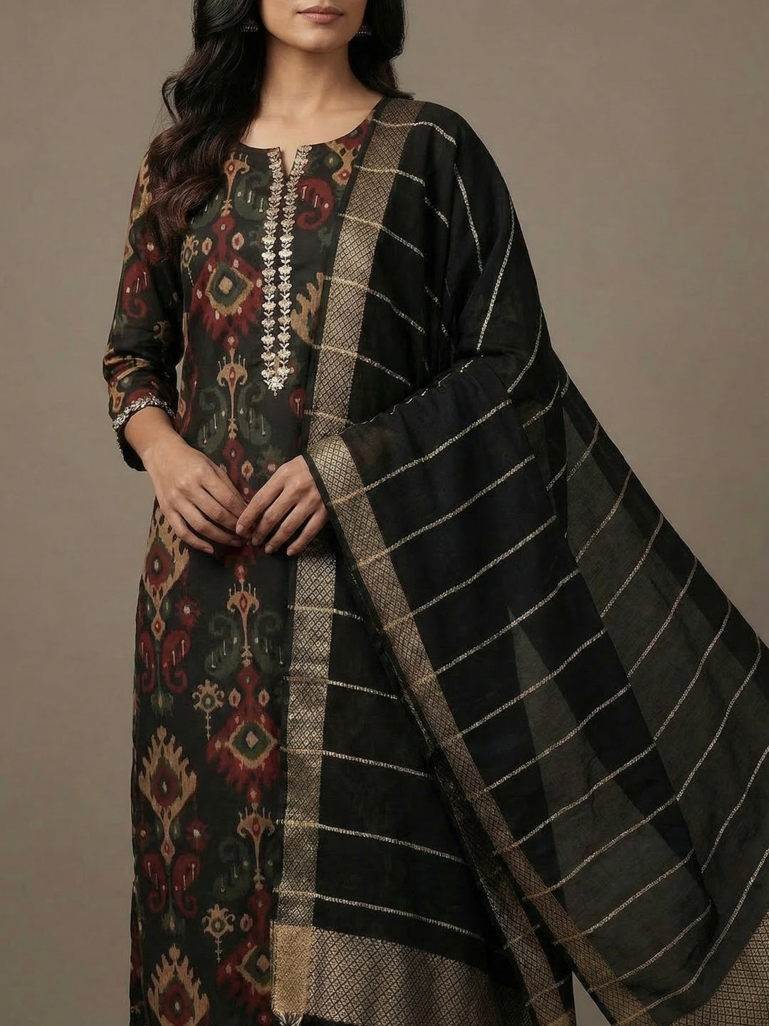 Ethnic Black Viscose Ikkat Print Kurta Salwar Suit with Stylish Dupatta - Image 4