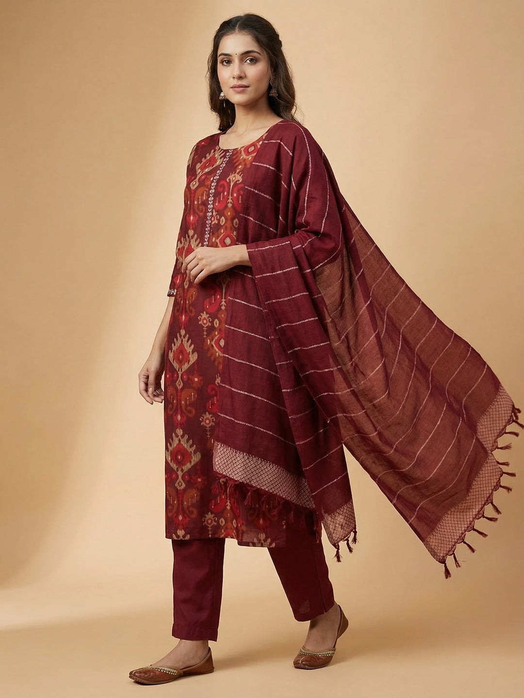 Ethnic Maroon Viscose Ikkat Print Kurta Salwar Suit with Stylish Dupatta - Image 1