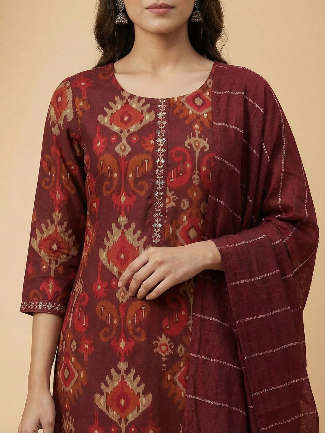 Ethnic Maroon Viscose Ikkat Print Kurta Salwar Suit with Stylish Dupatta - Image 4