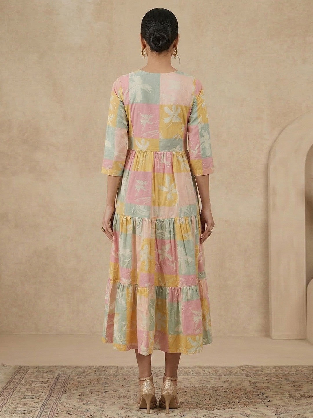 Trendy Multicolor Floral Printed Pure Cotton Tiered Dress with Stylish Layers - Image 2