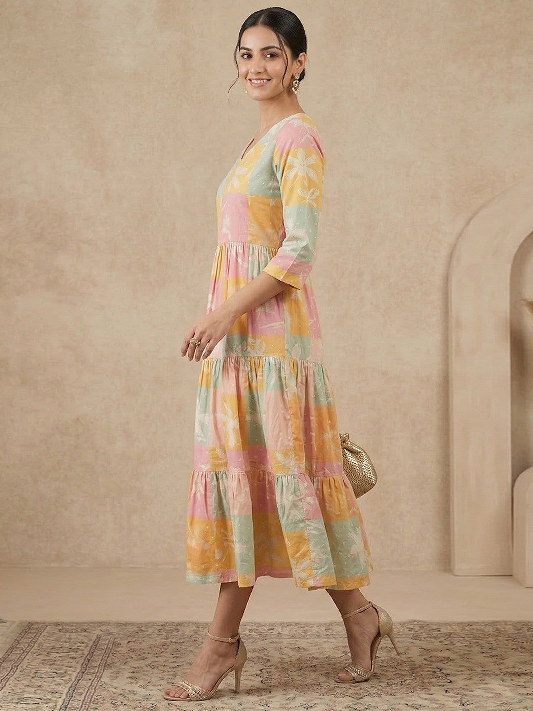 Trendy Multicolor Floral Printed Pure Cotton Tiered Dress with Stylish Layers - Image 4
