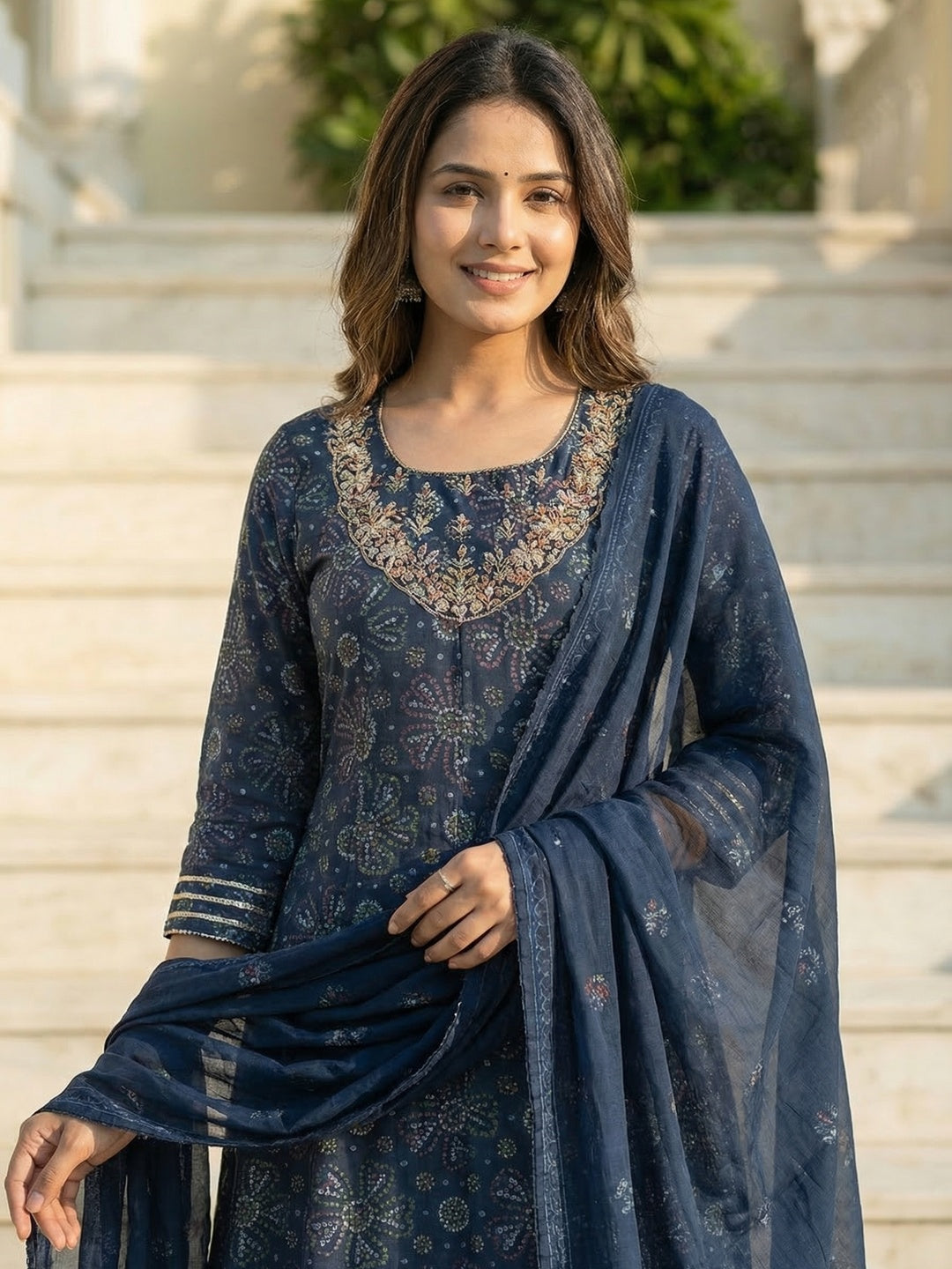 Navy Blue Mul Chanderi Printed Anarkali Salwar Suit with Dupatta - Image 4
