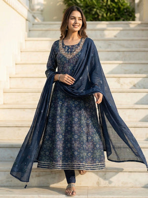 Navy Blue Mul Chanderi Printed Anarkali Salwar Suit with Dupatta - Image 1
