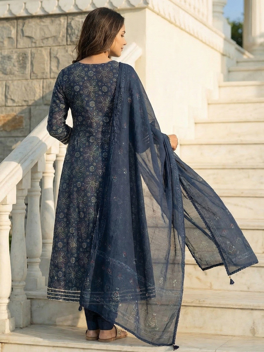 Navy Blue Mul Chanderi Printed Anarkali Salwar Suit with Dupatta - Image 3