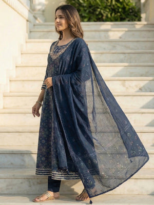 Navy Blue Mul Chanderi Printed Anarkali Salwar Suit with Dupatta - Image 2