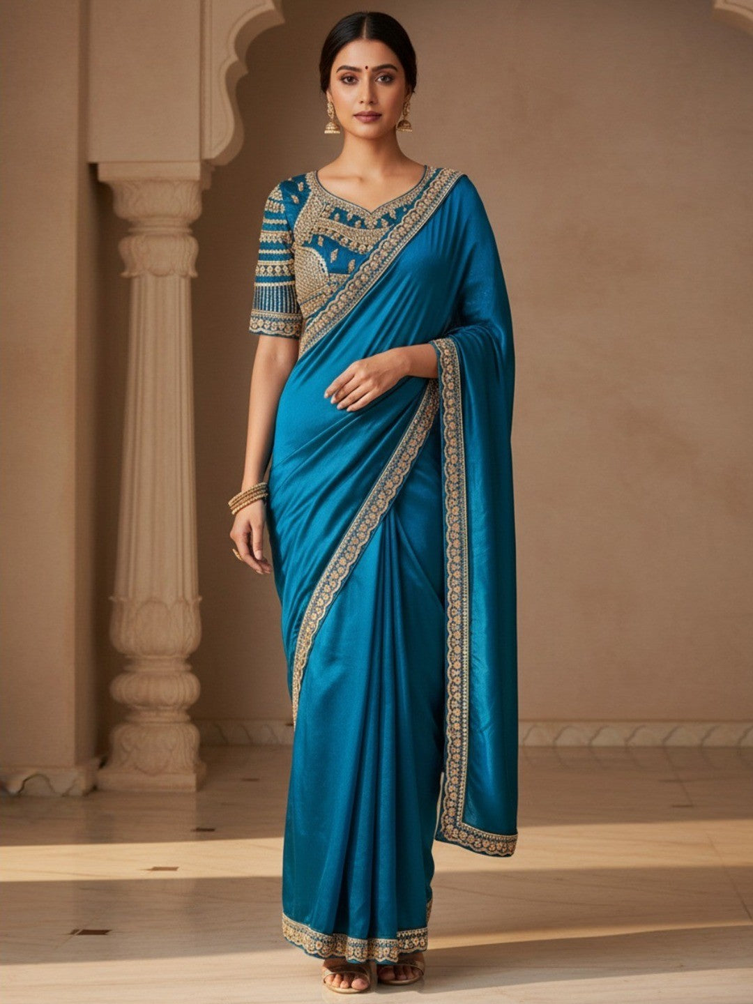 Teal Satin Saree with Embroidered Blouse Elegant Indian Attire - Image 1