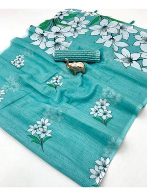 Refreshing Turquoise Floral Printed Linen Saree Styled With Elegant Tassel Pallu - Image 2