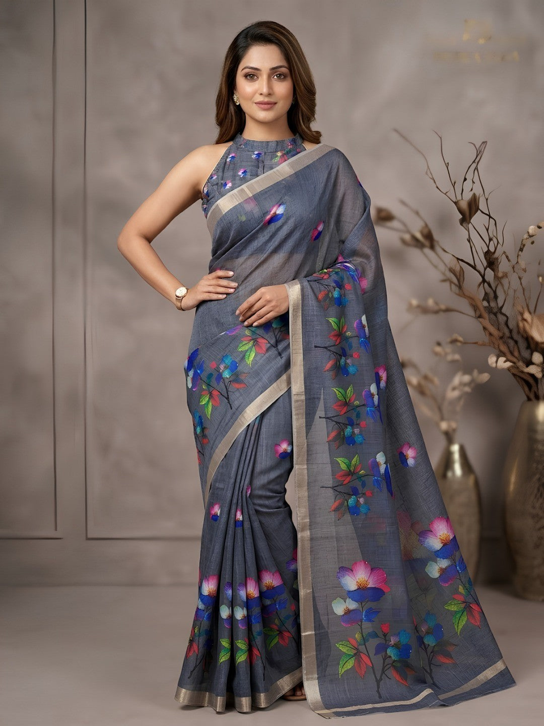 Dark Grey Floral Printed Linen Saree Adorned With Elegant Golden Zari Border Work - Image 1