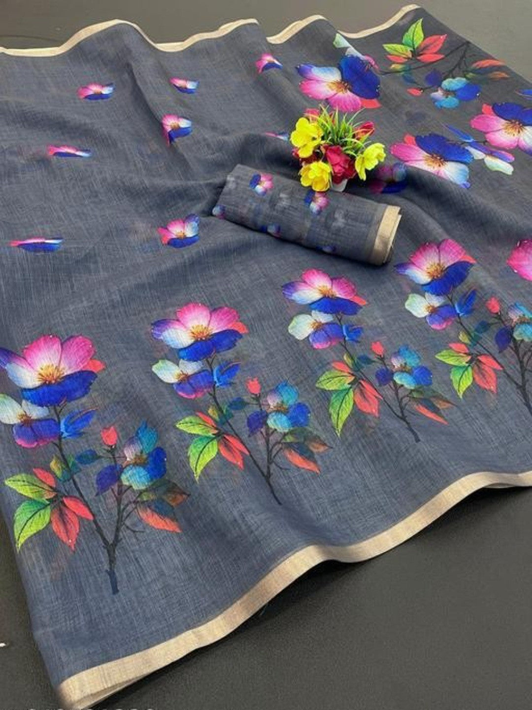 Dark Grey Floral Printed Linen Saree Adorned With Elegant Golden Zari Border Work - Image 2