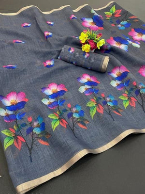Dark Grey Floral Printed Linen Saree Adorned With Elegant Golden Zari Border Work - Image 2
