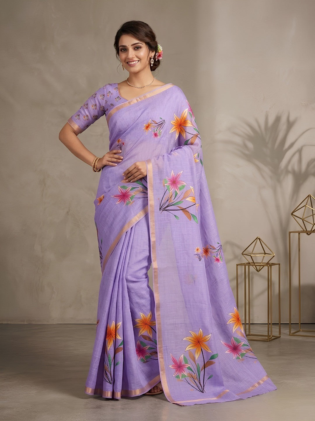 Lavender Floral Printed Linen Saree Adorned With Elegant Golden Zari Border Work - Image 1
