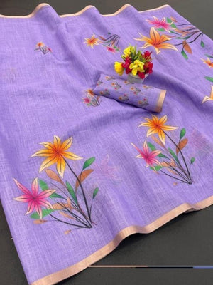 Lavender Floral Printed Linen Saree Adorned With Elegant Golden Zari Border Work - Image 2
