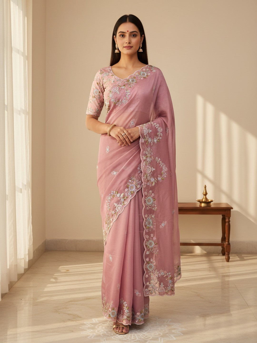 Designer Rose Pink Satin Saree With Floral Thread Embroidery & Sparkling Sequins Work - Image 1